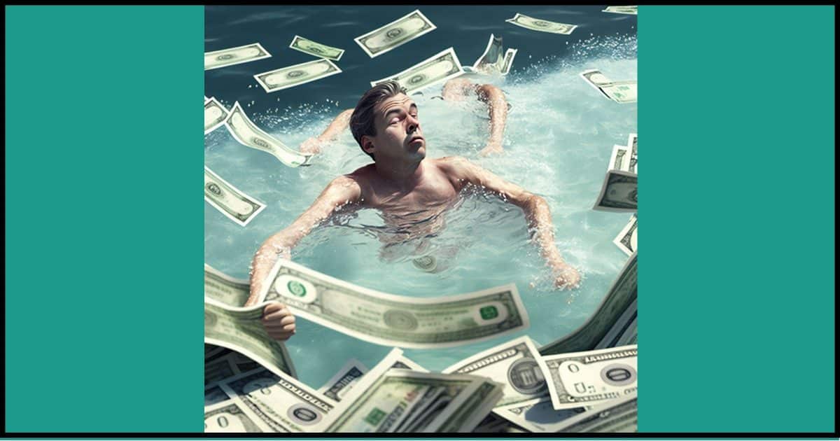 Midjourney AI: A person swimming in an outdoor swiming pool full of money
