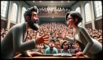 Photo of two professors, one male with a beard and the other female with glasses, having a passionate discussion at the front of a large lecture hall. Behind them, a diverse group of college students watch with a mix of amusement and surprise. The atmosphere is light-hearted, resembling the animation style of popular animated movies.