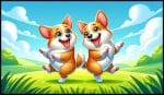 Cartoon illustration of two corgis joyfully dancing together in a lush grassy meadow, with vibrant green grass beneath their feet and a clear blue sky overhead. The corgis have animated expressions of happiness and their tails