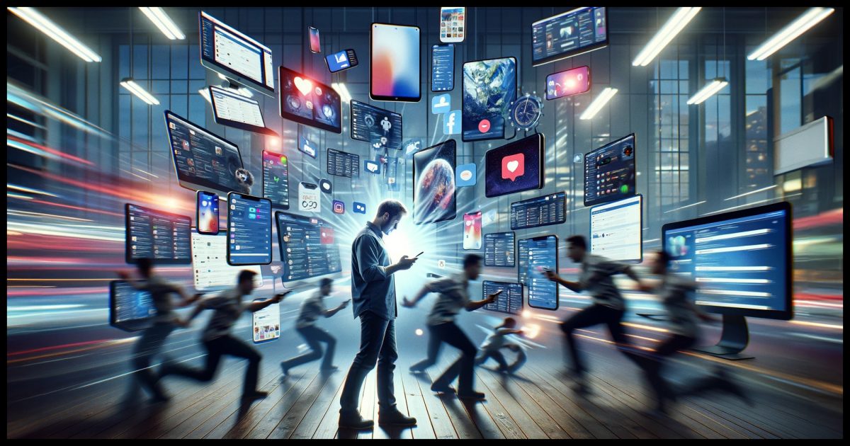 A 16:9 photorealistic image depicting the concept of changing attention spans in the modern era. The image should show a person surrounded by various sources of modern distraction like smartphones, social media, and multiple digital screens displaying different content. The person appears to be multitasking, engaging with these devices, symbolizing the modern era of constant distraction. The background should reflect a busy, contemporary setting, possibly an urban environment or a tech-filled room, to emphasize the challenge of maintaining concentration amidst a plethora of digital stimuli. This scene represents the debate over whether shorter attention spans are a recent and negative trend or a complex evolution of human behavior.
