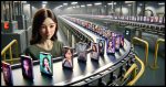 A photorealistic scene depicting a conveyor belt delivering smartphones, each displaying a different selfie image. The smartphones are various models, modern and sleek, with clear, vibrant screens showing a range of selfie photos. Each selfie portrays different people, with various expressions and backgrounds, emphasizing diversity. The conveyor belt moves through a high-tech, modern environment, possibly a futuristic factory or a tech store, with soft, ambient lighting. The young girl from the previous scene is present, observing the smartphones with excitement and curiosity. She has brown hair, a medium complexion, and is wearing casual, contemporary clothes. The image has a 16:9 aspect ratio, capturing the dynamism and technological advancement of the scene.