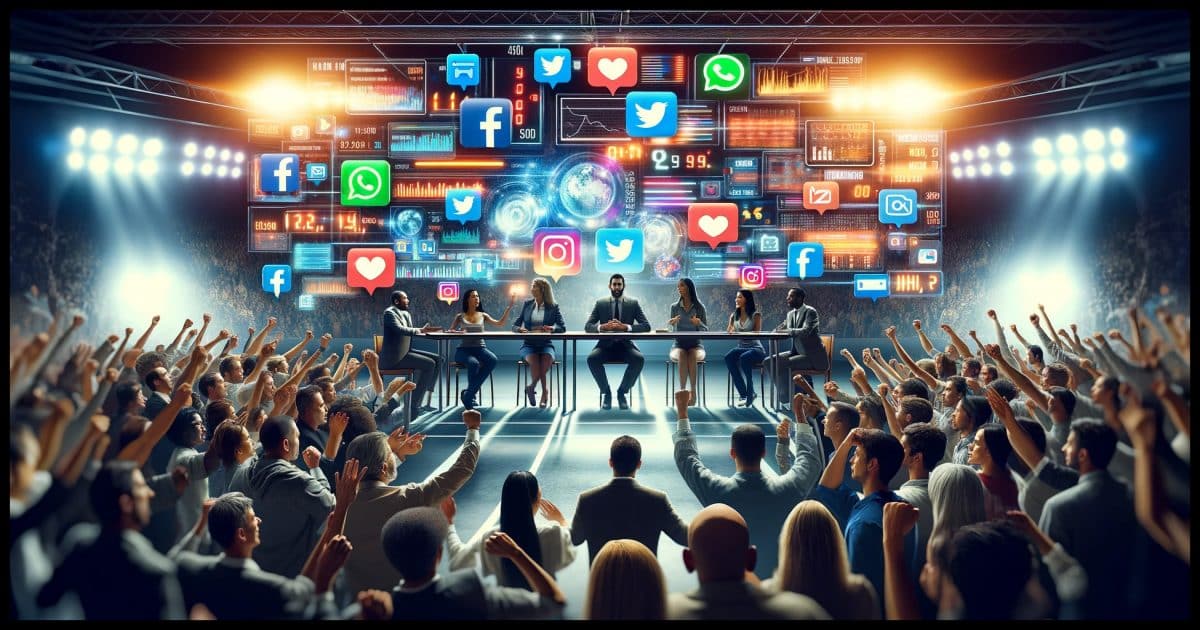 A photorealistic image showing a diverse group of people engaged in a heated debate, each holding different social media icons like Facebook, Twitter, Instagram, etc. They are in a setting that mimics a sports arena, with elements like cheering crowds and bright lights. In the background, there's a large electronic scoreboard vividly displaying social media metrics such as likes, shares, and comments, highlighting the competitive aspect of the debate. The atmosphere is intense, reflecting the dynamic and contentious nature of social media interactions.