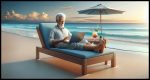 A photorealistic image of an elderly Caucasian man sitting in a comfortable lounge chair on a serene beach. He has a modern laptop on his lap, suggesting he is working or staying connected while relaxing. In his hand is a refreshing drink, possibly a cocktail with a small umbrella, symbolizing leisure. The scene captures a blend of relaxation and productivity, with clear blue skies, gentle waves in the background, and soft sand underfoot. The setting sun casts a warm glow, adding to the tranquil atmosphere.