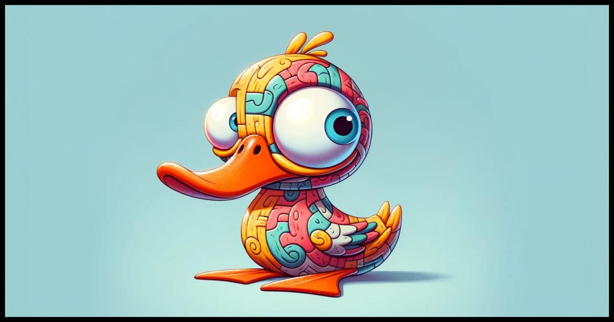 A cartoon image of a goofy looking duck, designed to illustrate the concept of not being normal. The duck should appear in a whimsical, exaggerated style, with quirky features such as mismatched colors, unusual patterns, and a funny expression, set against a simple background.