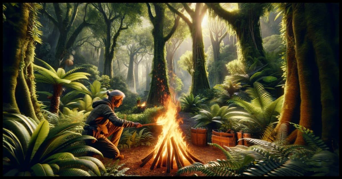 In a lush forest setting, an elderly woman lights a bonfire with a flaming torch. The forest is dense with vibrant green foliage, towering trees, and a variety of plants. Sunlight filters through the canopy, creating a serene and mystical atmosphere. The woman, wearing comfortable outdoor clothing, stands focused on her task, holding the torch with determination as she ignites the bonfire. The fire crackles to life, casting a warm glow on the surrounding area, highlighting the textures of the forest and the intricate details of the scene.
