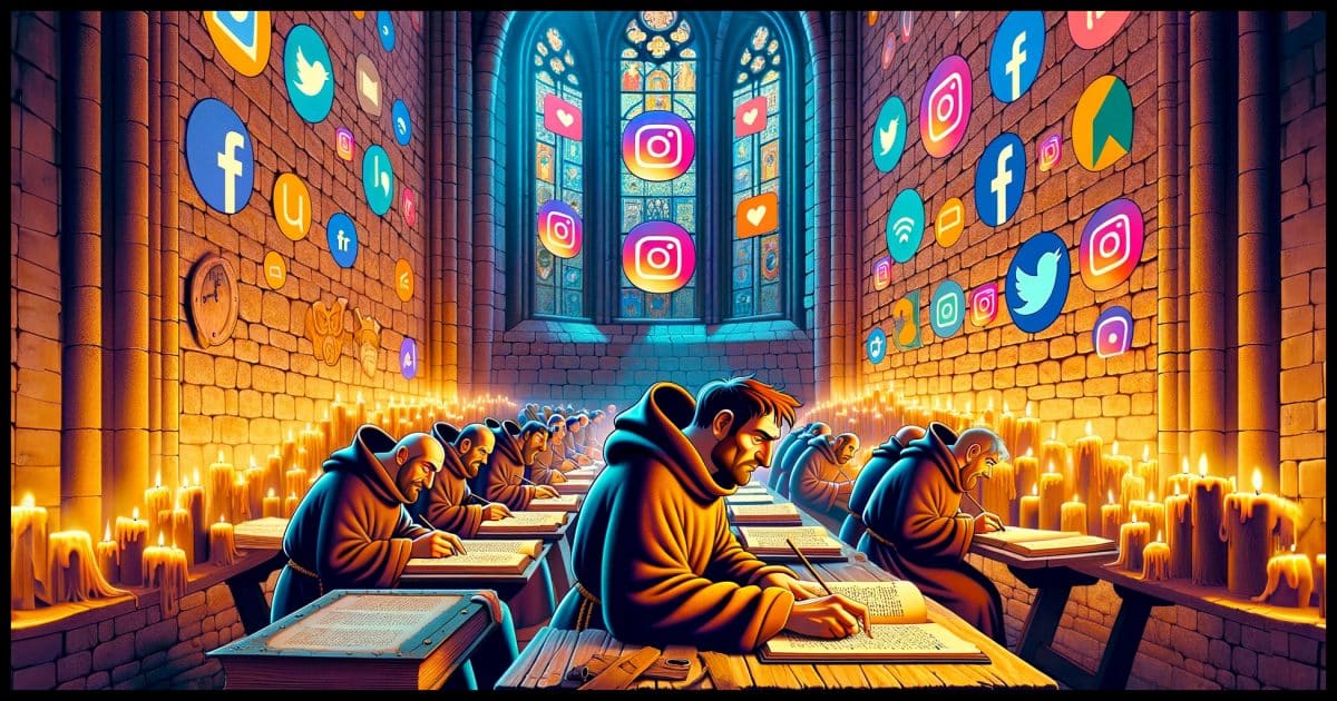 An image in a popular animation style, depicting monks working on manuscripts in a medieval monastery. The scene is vibrant and colorful, with exaggerated features typical of animation. Monks in stylized robes are seen busily writing on manuscripts at wooden tables, illuminated by candlelight. The stone walls of the monastery are adorned with playful and integrated images of modern social media service logos, creating a fusion of the ancient and the contemporary.