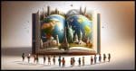A simple, photorealistic image showcasing 'the whole world as a school'. The scene includes a single, large, open book with pages that transition into different landscapes across the globe. On one page, iconic landmarks like the Eiffel Tower, the Great Wall of China, and the Statue of Liberty are illustrated, symbolizing different regions of the world. Surrounding the book are small, diverse groups of children in casual clothes, representing students from various ethnic backgrounds. They are looking at the book with curiosity and excitement, depicting a global learning experience in a straightforward and clear manner.