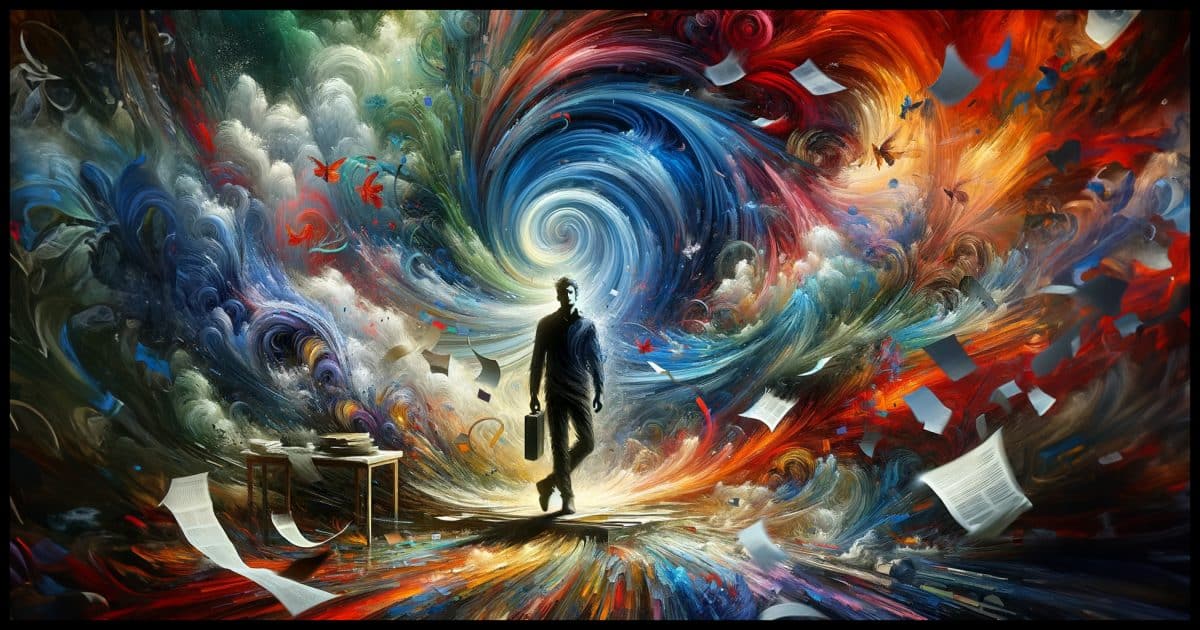 A digital painting of a person in a chaotic environment, symbolizing the embrace of chaos. The person stands confidently in the center, with a relaxed posture and a slight smile, indicating their acceptance and control amidst the chaos. Around them, a whirlwind of abstract, swirling colors and shapes represent chaos. The colors are vibrant and intense, with reds, blues, and greens clashing and blending in a dynamic and disorderly fashion. Papers and objects appear to be caught in the tumultuous wind, adding to the sense of disarray. The background is a blur of motion and energy, further emphasizing the theme of chaos. The composition is dynamic, with a sense of movement and fluidity.