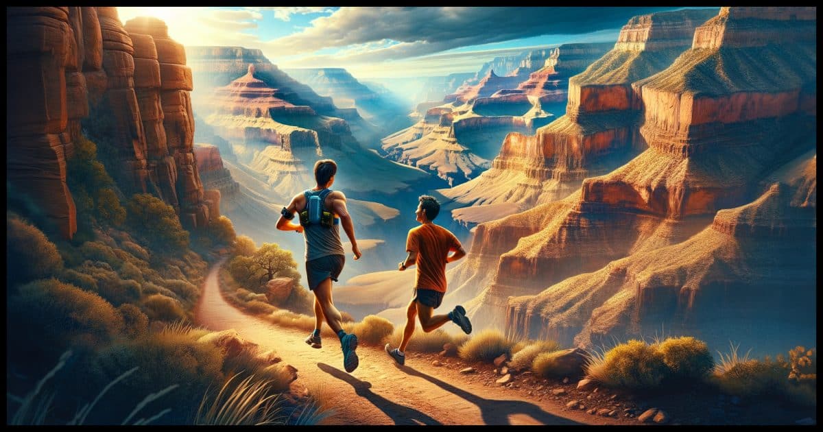A photorealistic image capturing the moment 'One Saturday morning last October, my friend Greg and I were running down the North Kaibab Trail in the Grand Canyon, close to halfway through 26 miles of trail.' The image shows two runners, Greg and the narrator, in mid-stride on a rugged, picturesque trail within the Grand Canyon. The vast canyon landscape stretches around them, with its iconic red and orange rock formations and a deep blue sky overhead. The runners are depicted with expressions of joy and exhilaration, emphasizing the awe and beauty of the moment. The scene conveys a sense of adventure, friendship, and the grandeur of nature.