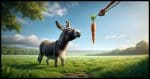 A donkey in a pasture. The donkey is being led by a carrot dangled in front of it. The pasture is lush and green, under a clear blue sky. The donkey is focused on the carrot, which is tied to a stick held by an unseen person. The scene captures the humor and determination of the donkey, with the carrot just out of reach.
