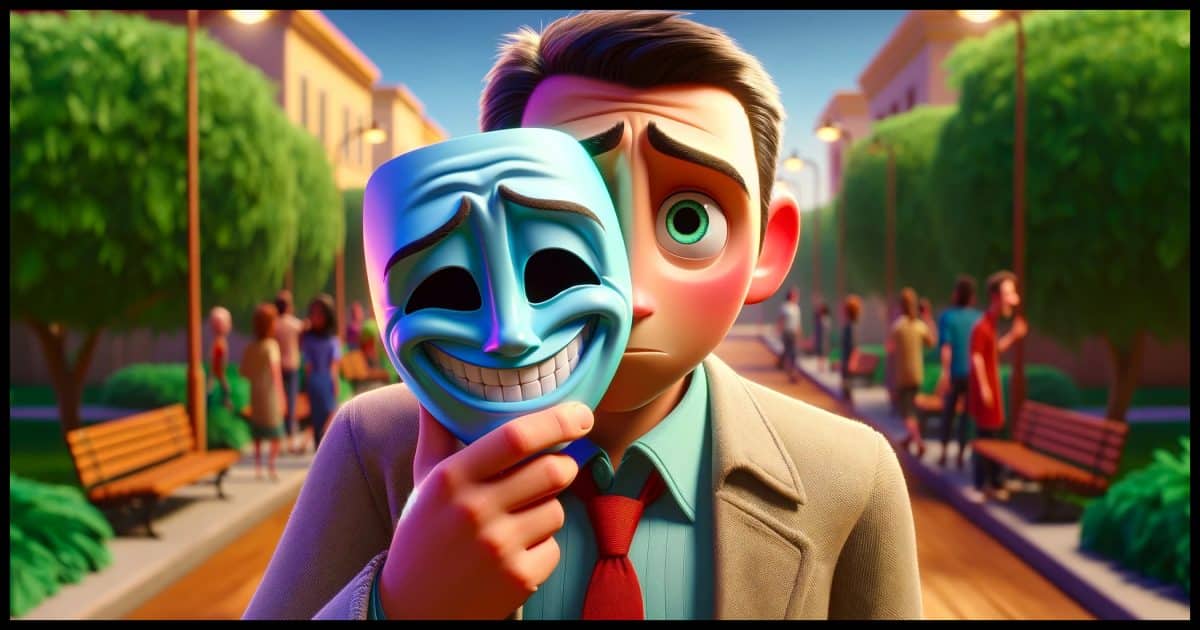 A character holding a smiling mask away from their face, revealing a more somber or anxious expression underneath. The character is brightly colored and has exaggerated, expressive features typical of Pixar characters. The setting is vibrant and detailed, reflecting Pixar's signature animation style. The focus is on the emotional contrast between the mask and the character's true expression, capturing the theme of hidden emotions behind a facade.