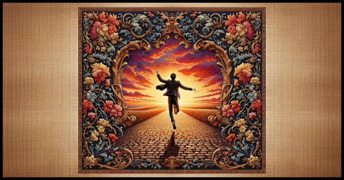 A photorealistic image that resembles a Baroque tapestry, illustrating a man walking away from the camera on a cobblestone road into the sunset, capturing the moment he joyfully jumps and clicks his heels together. 