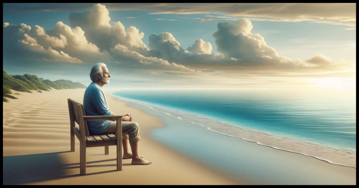 A peaceful beach setting under a clear, serene sky. The beach is quiet and pristine, with soft golden sands stretching towards a calm, azure sea. The gentle lapping of waves provides a soothing background. In this tranquil scene, an older man with a serene, content expression sits on a wooden bench, placed on the beach, facing the sea. He is dressed casually, suitable for the beach environment, and he seems completely at ease, fully immersed in observing his surroundings. His gaze suggests a deep appreciation for the beauty of the moment, embodying a sense of peace and mindfulness.
