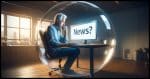 An adult middle-aged male is inside a large, transparent bubble, focusing intently on a computer screen in front of him. The computer screen prominently displays the word "NEWS?" in bold letters, with a question mark, suggesting a theme of inquiry or skepticism. The setting is serene and somewhat futuristic, emphasizing the concept of isolation or being in one's own space while staying connected to the outside world. The man wears casual attire, suggesting a comfortable yet engaged demeanor. The bubble and the man are illuminated by the soft glow of the computer screen, casting subtle reflections and highlights around the bubble's interior. The background is blurred, focusing attention on the man, the bubble, and the computer screen. The overall mood is one of contemplation and curiosity.