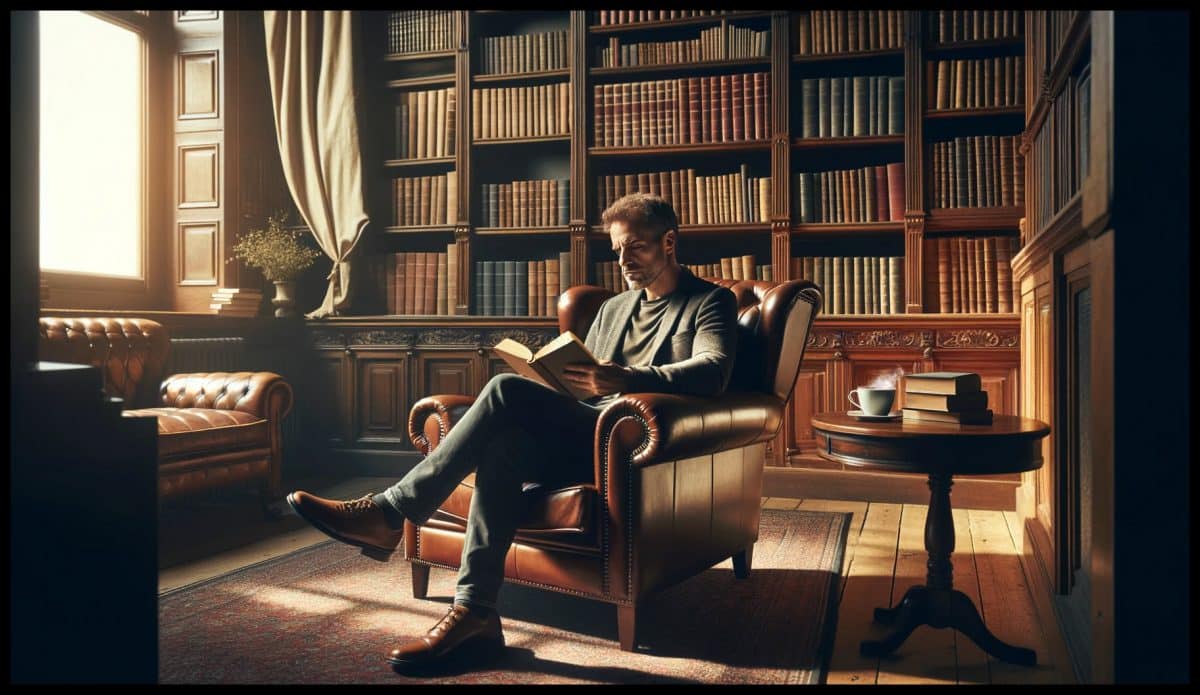 A middle-aged man is sitting in a large, comfortable leather chair in a cozy, well-lit library. He's engrossed in reading a hardcover book, with shelves of books surrounding him. The room is filled with warm light, casting soft shadows. A small table next to him holds a steaming cup of coffee. The library has a classic design, with a rich wooden interior, a plush carpet underfoot, and a large window draped with heavy curtains, through which soft daylight filters. The atmosphere is quiet and serene, ideal for reading and relaxation.