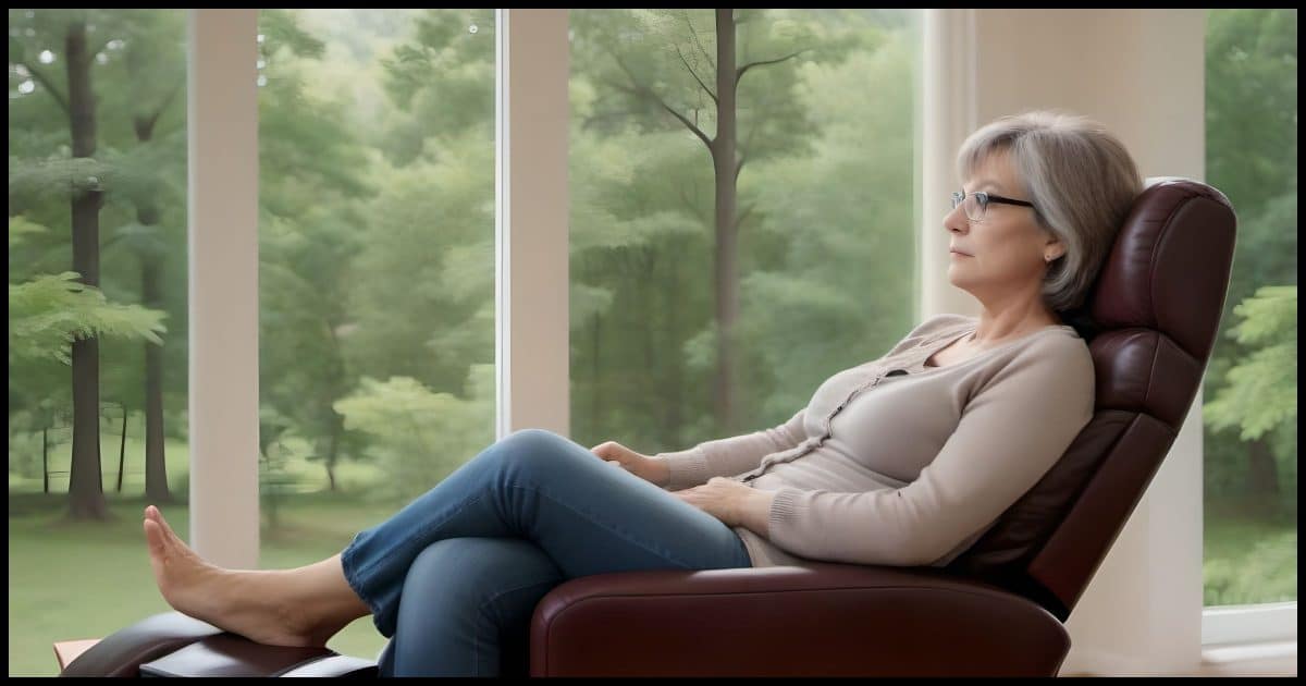 A middle aged woman in a recliner in a home library gazing out a window.