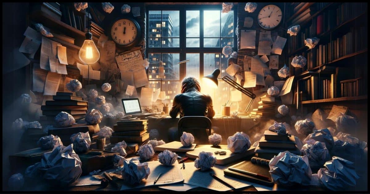 A cluttered desk covered with various books, papers with scribbles, and a dimly lit lamp casting shadows over everything. A lone figure sits at the desk, head in hands, surrounded by crumpled paper balls, signifying struggle and confusion. The background shows a clock ticking, windows showing a busy city at dusk, and a half-filled cup of coffee going cold, symbolizing the passing of time and the complexity of life. The atmosphere is one of overwhelming thoughts and the difficulty of expressing them, aiming to evoke a sense of empathy towards the intricate challenges of life and communication. 