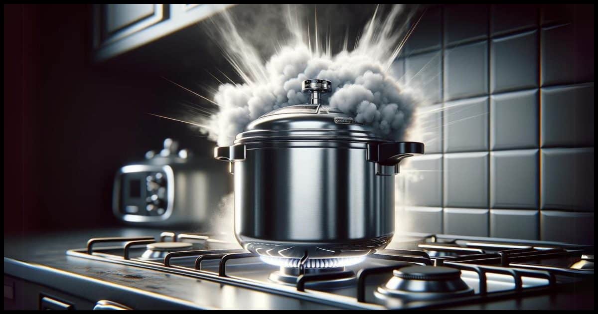 A photorealistic image of a pressure cooker on a stove, appearing as if it's about to explode. The cooker is rendered in sharp detail, showing steam escaping from around its tightly sealed lid, emphasizing a sense of imminent danger. The kitchen setting is typical, with a focus on the cooker capturing the intensity and urgency of the moment.