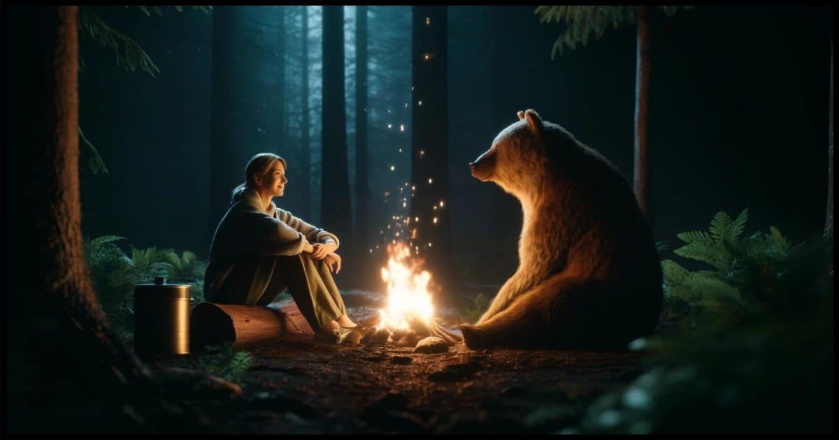 A woman and a bear sitting around a campfire in the woods at night. The woman appears relaxed and is casually dressed, interacting peacefully with the bear. The surrounding woods are dark, with the gentle glow of the campfire casting light on their figures, creating a serene and somewhat surreal atmosphere.