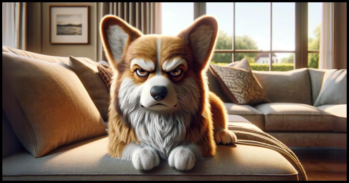 A grumpy-looking corgi sitting on a couch. The corgi has a displeased expression with narrowed eyes and a frown. The couch is in a cozy living room setting, with cushions and a coffee table nearby. The background includes a window showing a sunny day outside. The corgi's fur is fluffy and detailed, with shades of tan and white.