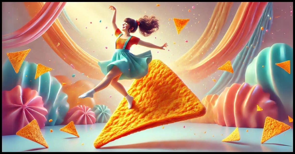 A young girl dancing on a giant Dorito. The girl is joyful, mid-dance, with her arms raised and a big smile. The Dorito is floating in a whimsical, colorful background with a light, playful atmosphere. The girl's outfit is bright and fun, with flowing fabric that moves as she dances. The scene is vibrant and energetic, capturing the fun and spontaneity of the moment.