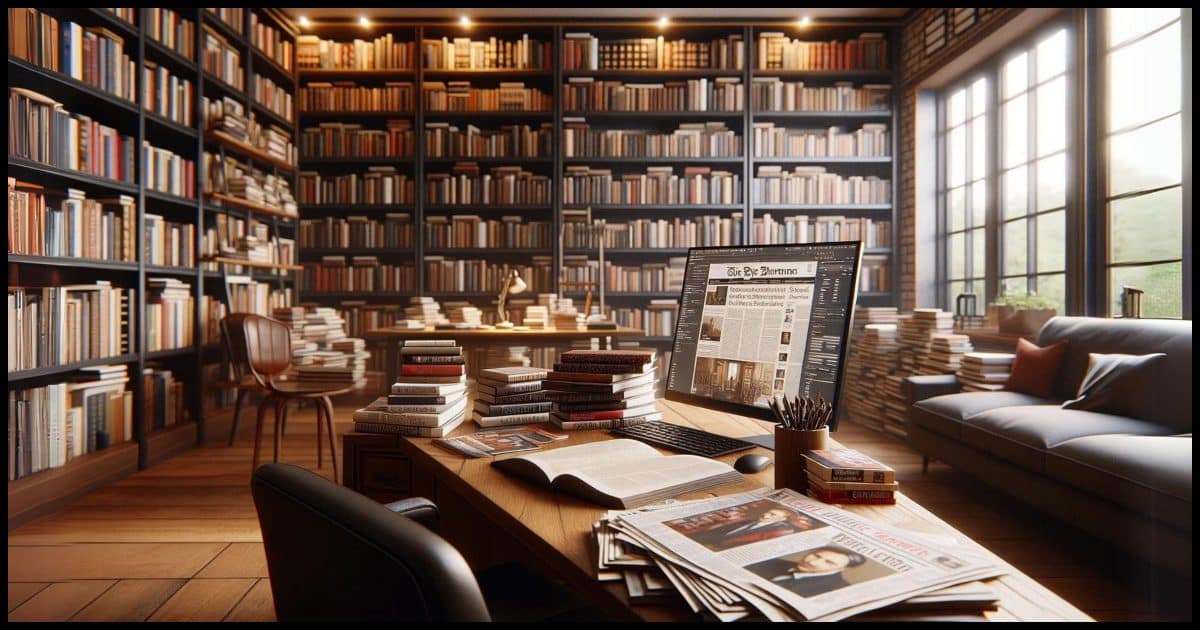 A desk in a home library. The walls are full of bookshelves overflowing with books. There are piles of books and magazines on the desk. A computer display on the desk shows a newspaper's front page. The atmosphere is cozy and academic, with warm lighting.