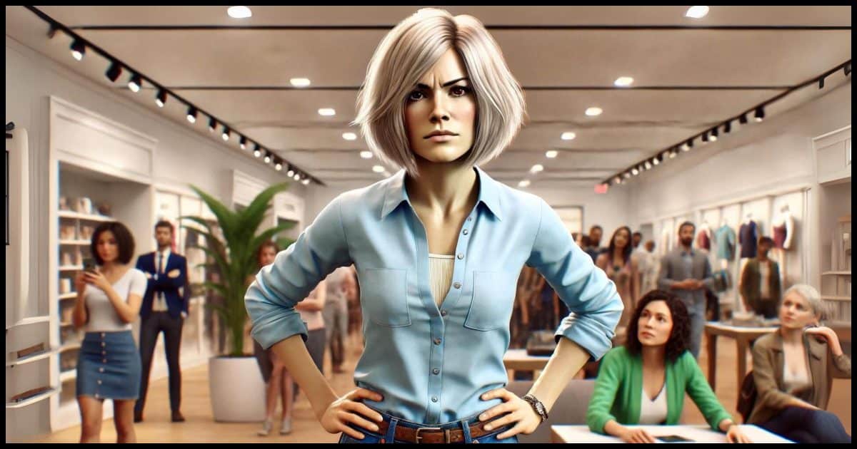 A woman taking offense at some perceived slight. She has a short, blonde bob haircut, is wearing trendy clothes, and has an indignant expression on her face. Her hands are on her hips, and she is standing in a modern, well-lit retail store. Other shoppers in the background are glancing at her with curiosity.