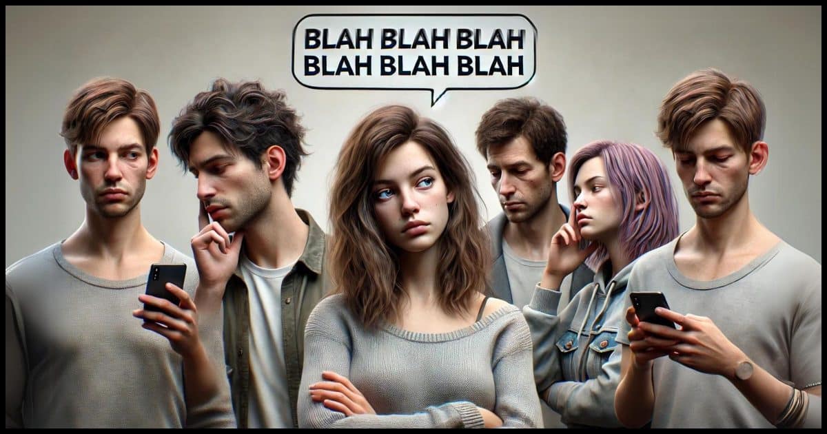 The first person is speaking, saying 'blah blah blah'. The second person looks bored, with their head resting on one hand. The third person looks annoyed, arms crossed and frowning. The fourth person is checking their smartphone, looking down at the screen. The background is neutral to focus on the people.