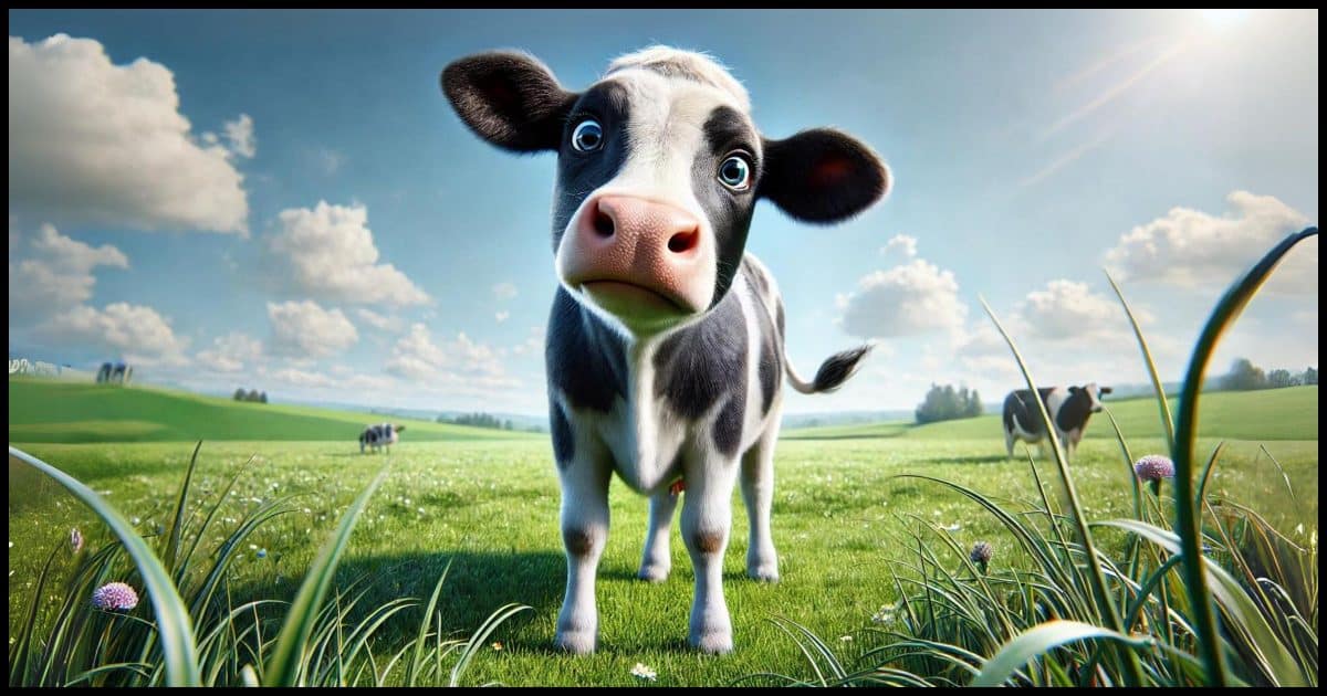 A confused cow standing in the middle of a green field. The cow has a black and white coat with distinctive large spots. Its eyes are wide open, and its head is slightly tilted to one side, giving it a puzzled expression. The background features a clear blue sky with a few fluffy white clouds. The field is lush with green grass, and a few wildflowers are scattered around. The overall scene is bright and sunny, capturing the cow's confusion in a serene and pastoral setting.