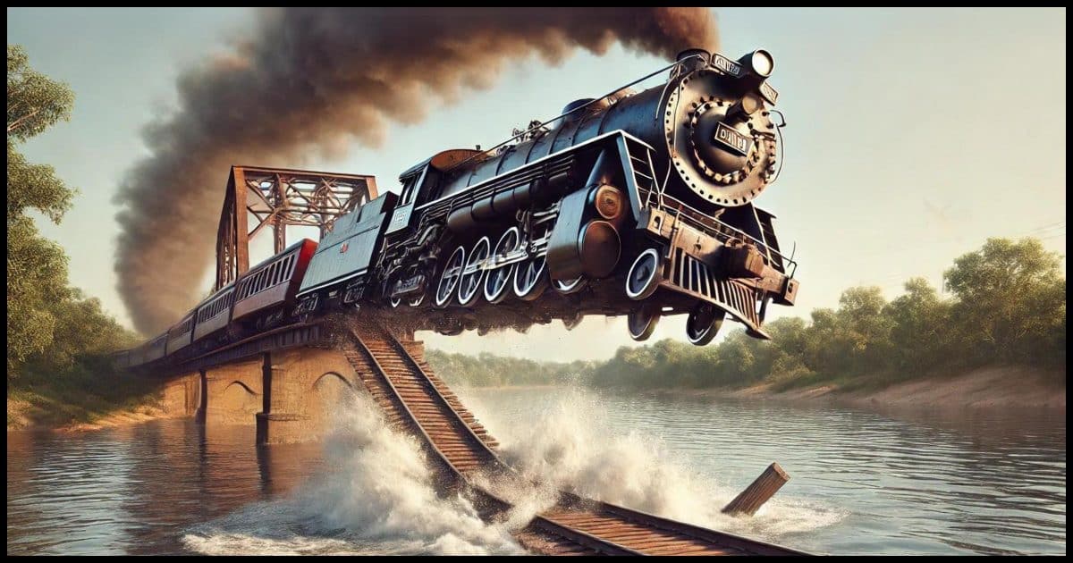A steam engine locomotive falling into a river. The train is depicted mid-fall with the front of the locomotive tipping downward as it leaves the end of the tracks, where a bridge should have been. There is a sense of motion and urgency as the train plummets towards the water below. The river beneath is wide and turbulent, with splashes and waves forming where the train is about to make impact. The background shows a natural landscape with trees and a clear sky, adding to the dramatic scene of the accident.