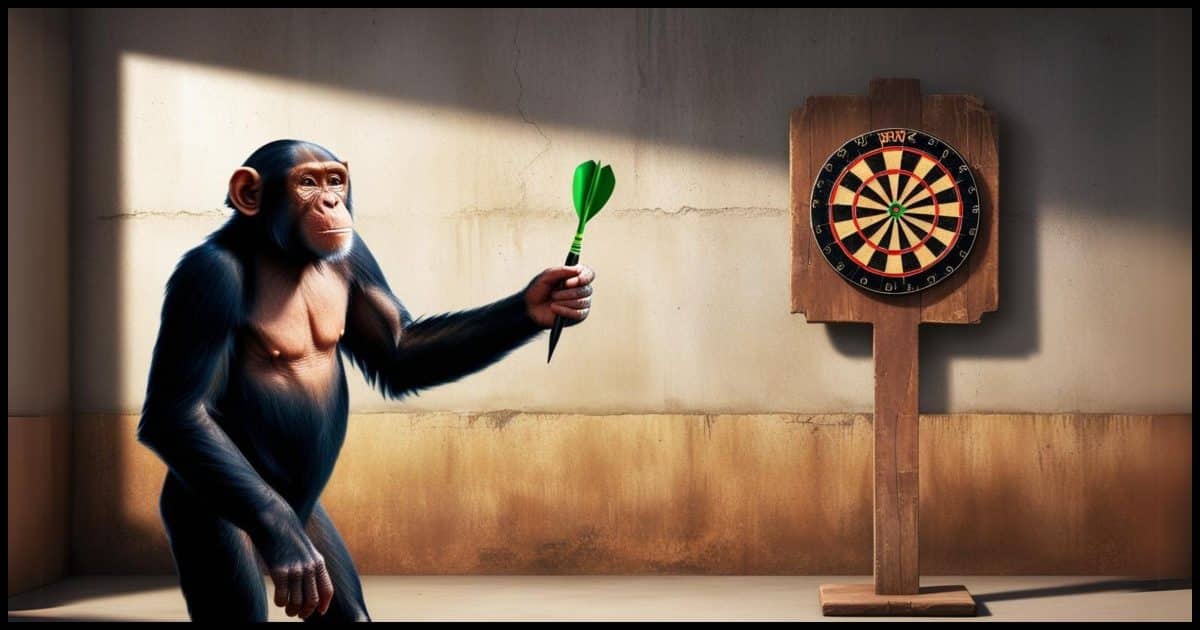 A chimpanzee standing upright on its hind legs, with a confident expression, throwing a shiny metallic dart with a bright green flight at a wooden dartboard hung on a rustic, earth-toned concrete wall in the distance, the board's surface worn and scratched, surrounded by a subtle gradient of shadows, with the chimpanzee's fur a mix of dark brown and lighter tan hues, its facial features defined by a prominent forehead, almond-shaped eyes, and a small nose, its skin tone a warm, golden brown, the entire scene illuminated by a soft, natural light with a hint of warmth, capturing the dynamic movement of the dart in mid-air and the chimpanzee's focused intensity, with a shallow depth of field to blur the background and emphasize the subject.