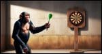 A chimpanzee standing upright on its hind legs, with a confident expression, throwing a shiny metallic dart with a bright green flight at a wooden dartboard hung on a rustic, earth-toned concrete wall in the distance, the board's surface worn and scratched, surrounded by a subtle gradient of shadows, with the chimpanzee's fur a mix of dark brown and lighter tan hues, its facial features defined by a prominent forehead, almond-shaped eyes, and a small nose, its skin tone a warm, golden brown, the entire scene illuminated by a soft, natural light with a hint of warmth, capturing the dynamic movement of the dart in mid-air and the chimpanzee's focused intensity, with a shallow depth of field to blur the background and emphasize the subject.