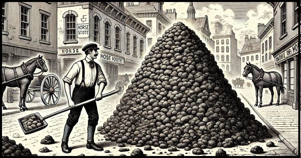 An individual on a city street shoveling a nine-foot-high pile of horse manure, depicted in the style of a 19th-century newspaper illustration. 