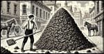 An individual on a city street shoveling a nine-foot-high pile of horse manure, depicted in the style of a 19th-century newspaper illustration.