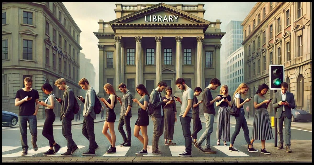 A group of people walking past a traditional library. All the people are looking down at their phones, absorbed in their screens, while the library behind them stands mostly unnoticed. The library building is grand and classic, with large columns and a sign that clearly identifies it as a library. The people are dressed in modern, casual clothing, and their attention is entirely on their smartphones. The scene is set in daylight, with a slightly melancholic tone, highlighting the contrast between the focus on digital devices and the neglect of traditional reading spaces.