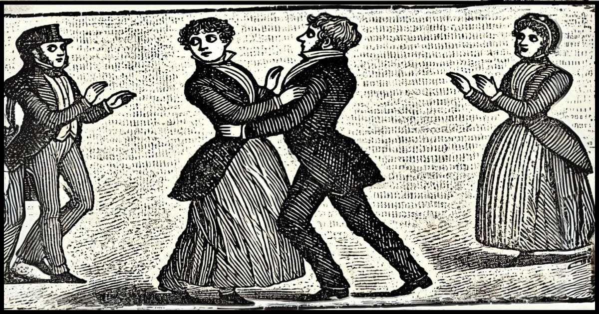 A 19th century British newspaper-style woodcut image depicting two people awkwardly approaching each other as if unsure whether to hug. 