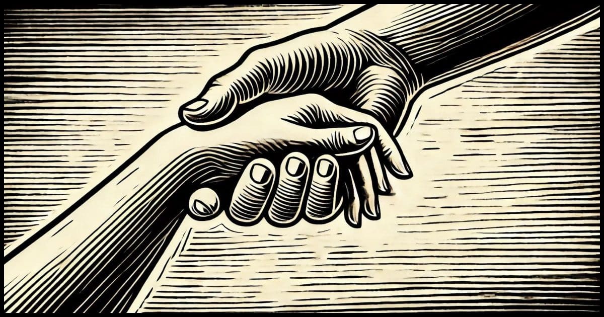 A woodcut-style image encapsulating the concept of 'helping one another.' The image depicts two hands clasped together in a supportive and caring gesture, with one hand reaching down to lift the other up.