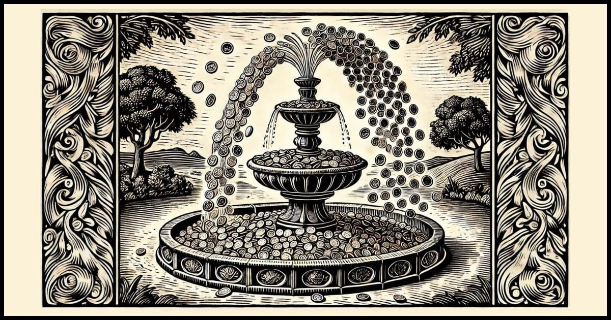 A detailed woodcutting-style image of a fountain spewing millions of pennies into the air.