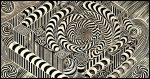 A woodcut-style illustration of an optical illusion. The design includes intricate, repeating patterns and impossible shapes, such as twisting spirals and interlocking geometric forms, creating a mind-bending visual effect.