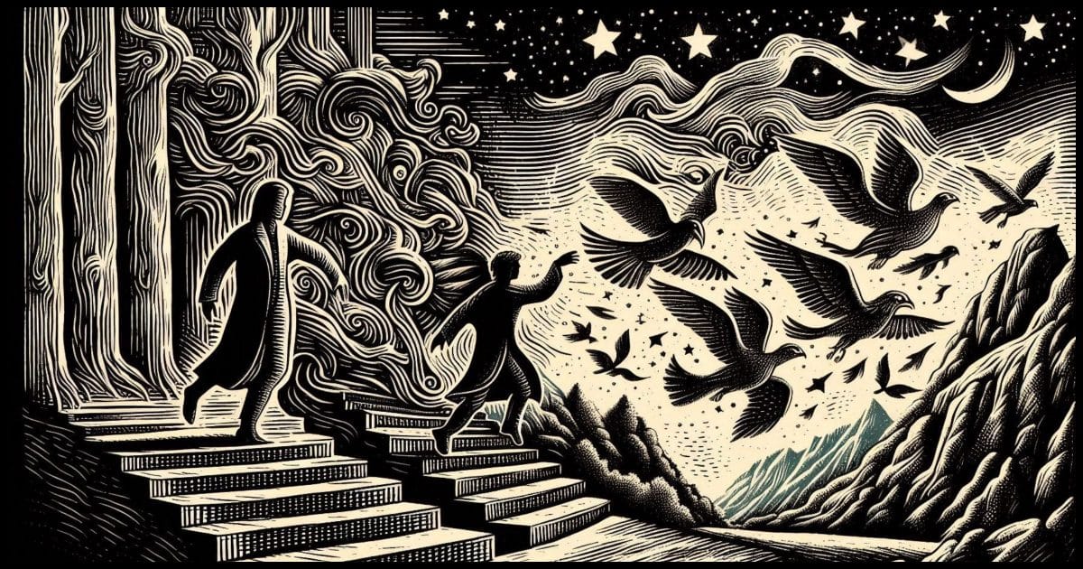 A woodcut style image symbolizing the blurring of fantasy and reality.