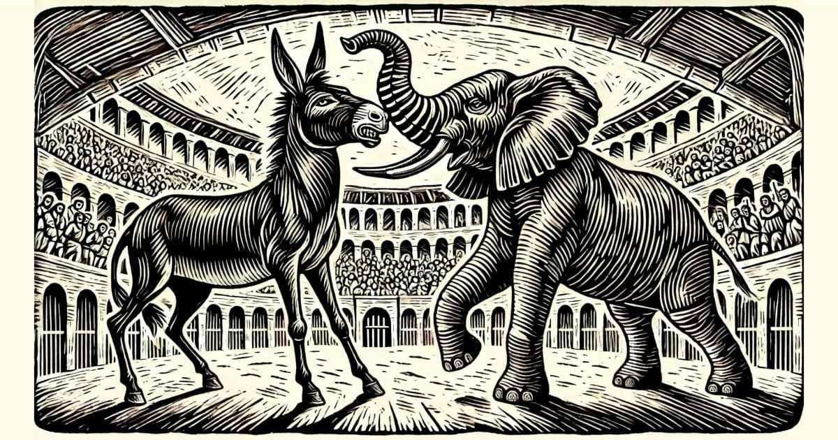 A donkey and an elephant engaged in a dramatic battle in an ancient Roman coliseum. The scene is depicted with thick, bold lines and intricate textures typical of traditional woodcut art, emphasizing contrast and detail in a black-and-white or limited color palette. The animals face each other with intense expressions, standing upright in combat, while the coliseum surrounds them with classic arches and a sandy floor. A large crowd watches from the stands, adding depth and atmosphere to the scene.