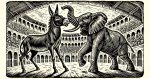 A donkey and an elephant engaged in a dramatic battle in an ancient Roman coliseum. The scene is depicted with thick, bold lines and intricate textures typical of traditional woodcut art, emphasizing contrast and detail in a black-and-white or limited color palette. The animals face each other with intense expressions, standing upright in combat, while the coliseum surrounds them with classic arches and a sandy floor. A large crowd watches from the stands, adding depth and atmosphere to the scene.