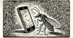 A whimsical woodcut-style illustration of a gnat curiously looking at a glowing mobile phone screen.