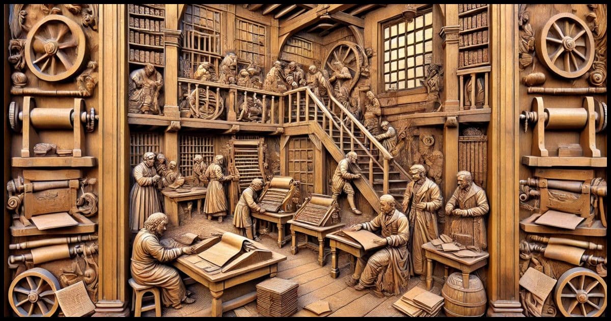 A highly detailed photorealistic carved wooden relief artwork depicting a historical brothel-like setting with printing presses. The scene is intricately carved with rich textures of wood grain, showing a lively interior where individuals engage in both printing and social activities. The brothel features wooden beams, ornate furniture, and vintage printing equipment such as a hand-operated press and stacks of paper. 