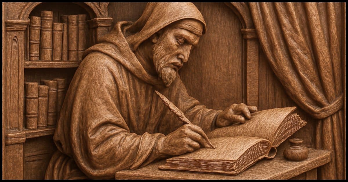 A medieval scribe at a table carefully writing a book.
