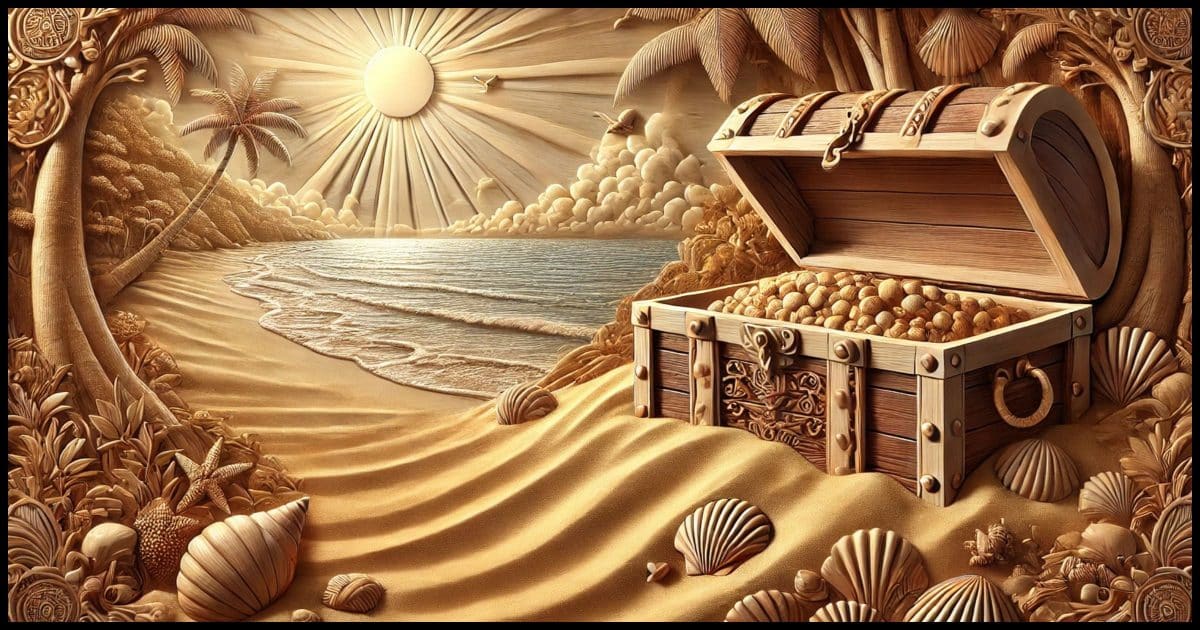 A treasure chest half-buried in golden sand on a tropical beach. 