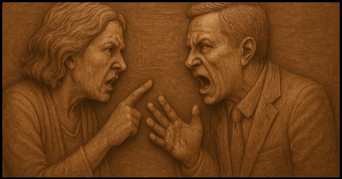 carved wooden relief art image of two people in vigorous debate.