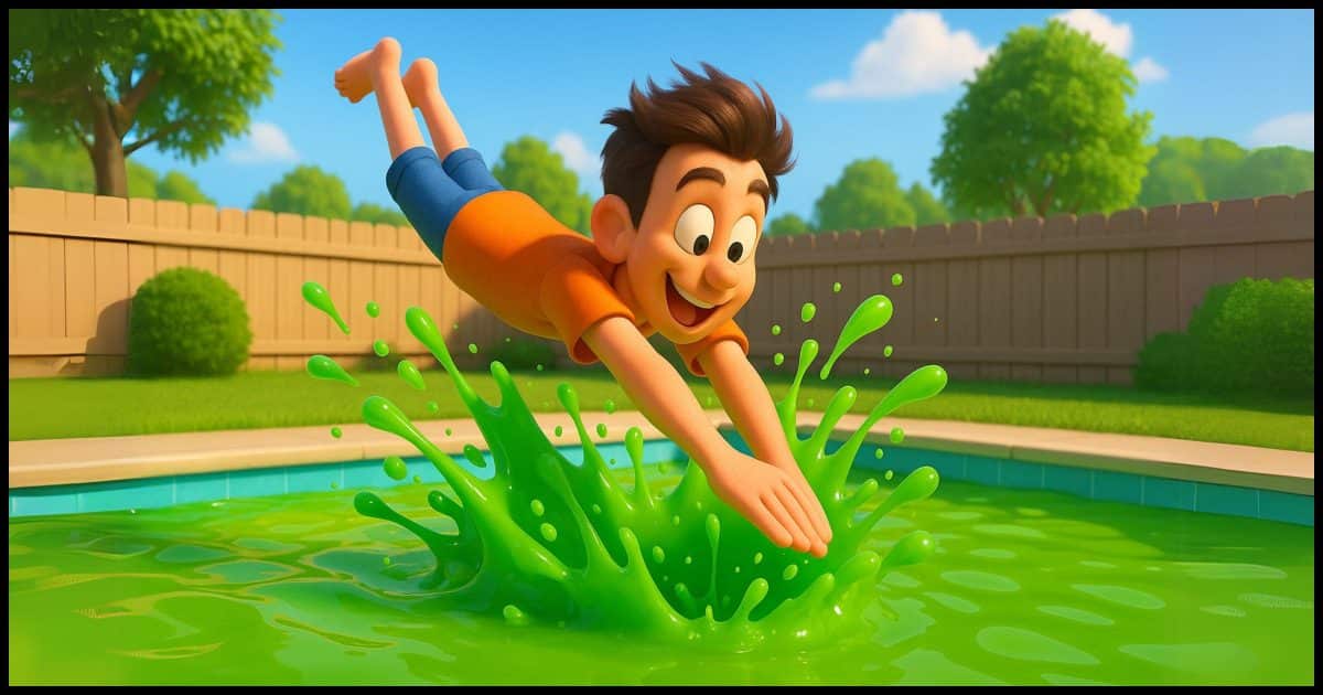 someone diving into a backyard swimming pool full of green goo