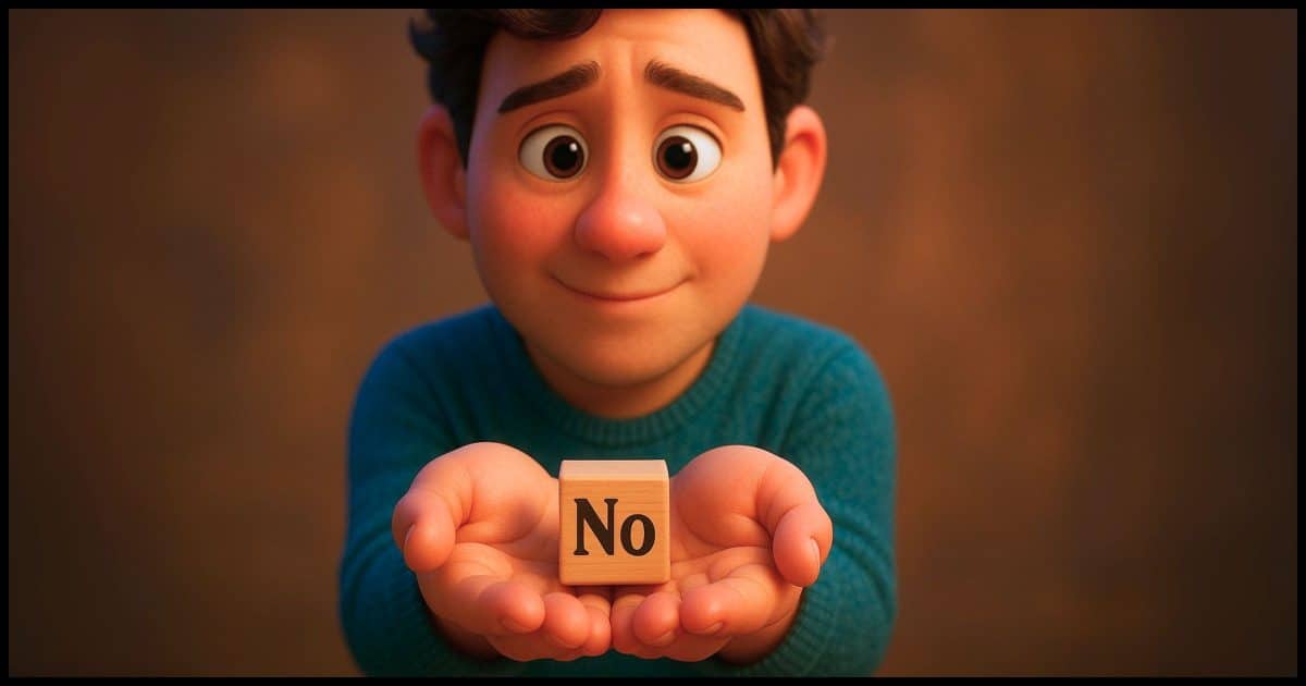 a person holding out their hands cupped containing a small block that has the word "No" on it, as if offering a gift