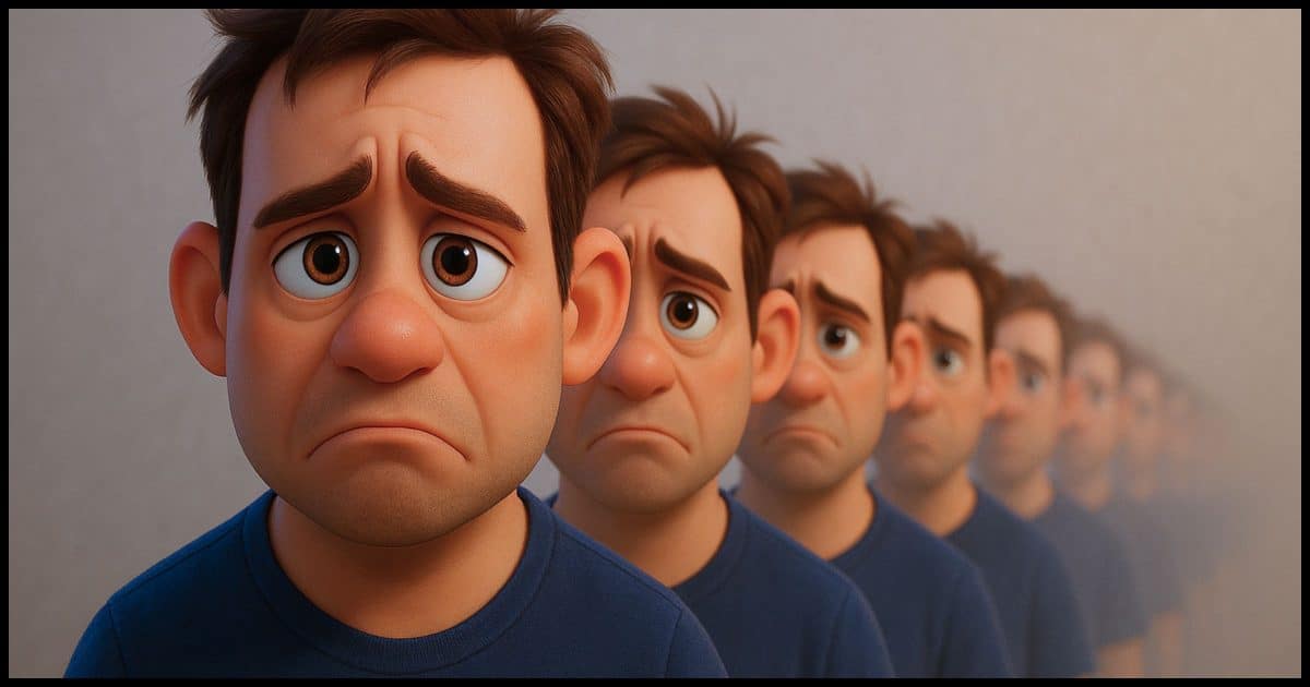 an unhappy man with a series of identical clones or copies of him in a line standing behind him fading into the distance